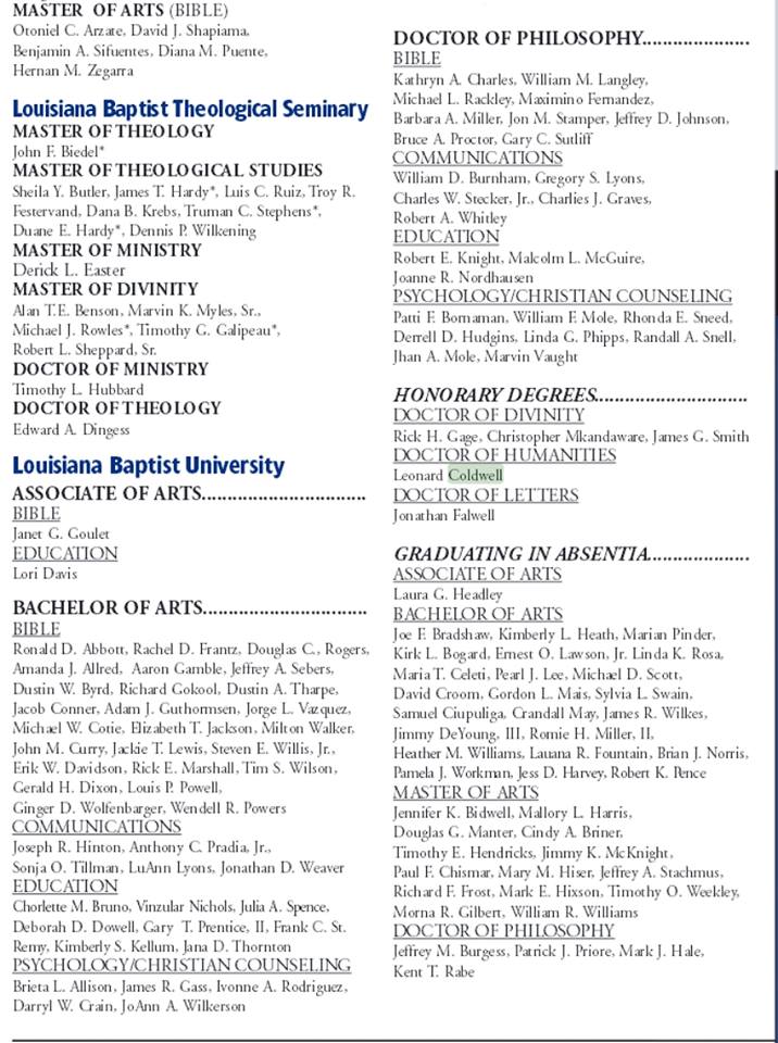 Louisiana Baptist University - Honorary awards list. No background check necessary!