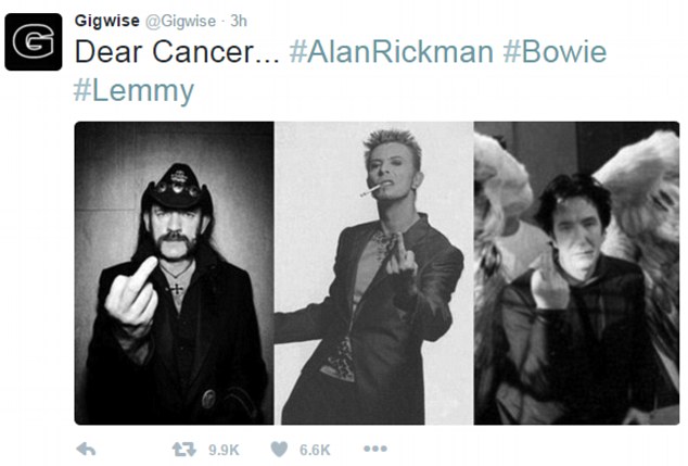 Lemmy, Bowie & Rickman - One Finger Salute to Cancer. Click for full story.